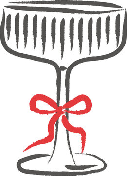 Hand-drawn vintage champagne coupe glass with a red ribbon bow isolated on white background. A whimsical brush stroke glassware illustration for wedding toasts, Valentine's Day, romantic celebrations.