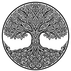 Fototapeta premium Tree of Life Celtic Knot Ornamental Circle Symbol Black and White Illustration