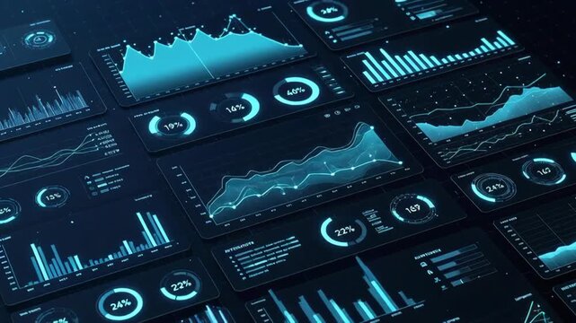 Digital dashboards showing glowing data charts in modern neon style on dark background, concept of analytics visualization