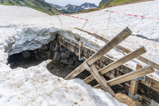 Panorama with rest from avalanche with a hole, a destroyed bridge and a bridge railing next to it besides spring flowers, crocuses and globe flowers, in the Alps of Vorarlberg, tunnel in the avalanche
