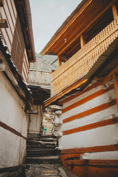 Kalash Valley Street Scene, Old Wooden Houses and Authentic Village Life in Pakistan