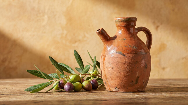 Traditional ceramic olive oil container and a fresh green olive branch against a warm, earthy ocher background. Mediterranean food photography with ample copy space area.