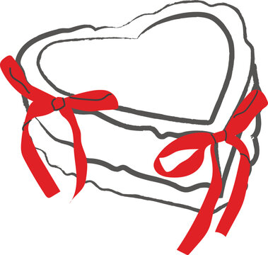 Hand-drawn heart shaped vintage cake with red ribbon bows isolated on white background. A whimsical brush stroke dessert illustration for Valentine's Day, weddings, and romantic celebrations. Vector.