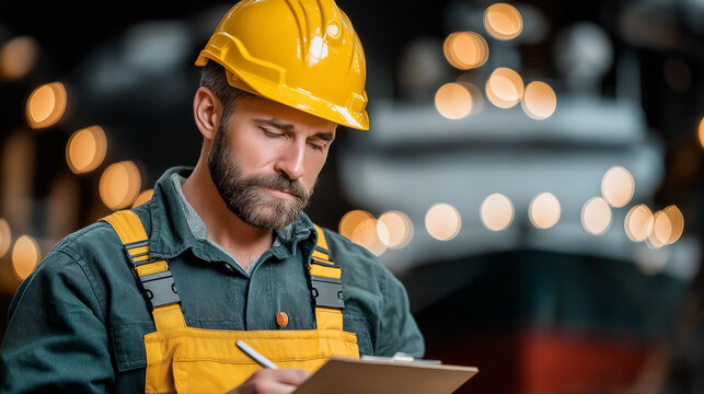 Industrial Foreman Inspecting Shipyard: A focused industrial foreman in a yellow hard hat and work overalls meticulously reviews a clipboard, his brow furrowed in concentration.