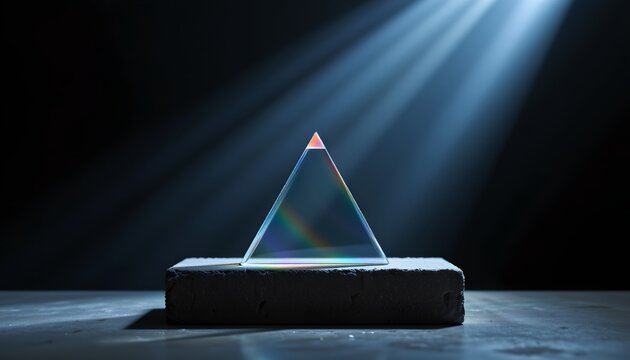 The image features a clear, triangular prism placed on a rectangular black base