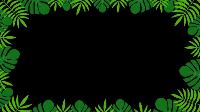 Tropical green palm and monstera leaves frame on transparent background with copy space for overlay. Alpha channel included.