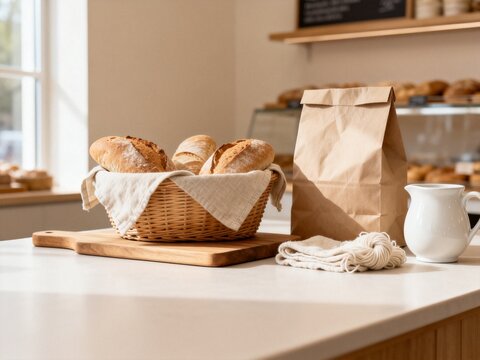 Fresh bread in basket on bakery counter with paper bag