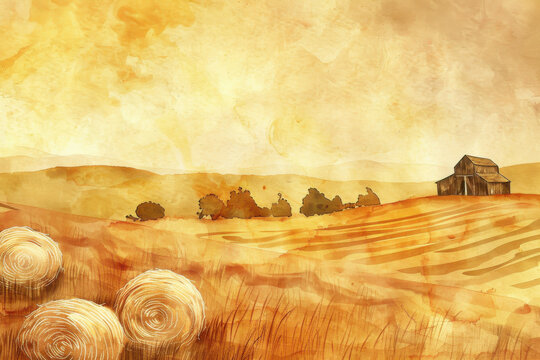 Soft Watercolor Landscape of Golden Hayfields and Distant Barns