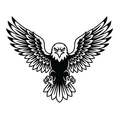 Obraz premium Bald Eagle Flying with Powerful Spread Wings, Black and White Graphic Mascot Logo Illustration.