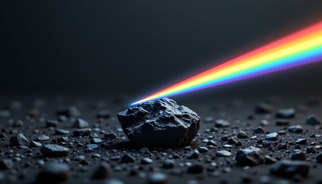 A large, dark rock sits on a rough, rocky surface scattered with smaller stones