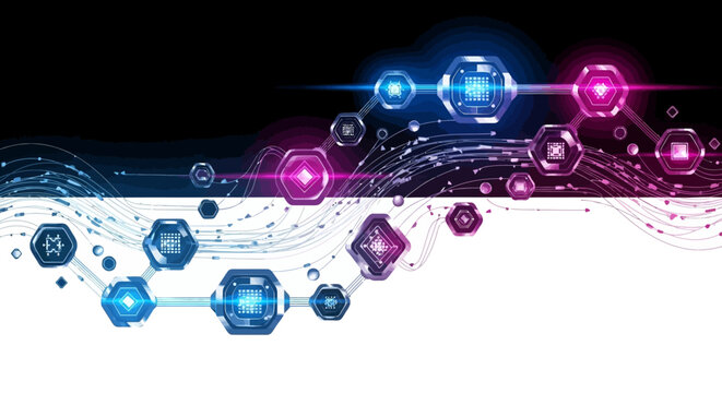Vibrant digital illustration with glowing orbs and lines on a white background.