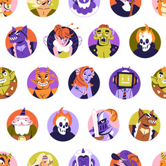Obraz premium Repeatable pattern of round avatars of different fantasy characters. Endless background of circle portraits of fairytale creatures, faces of dragon, dwarf, elf. Flat seamless vector illustration