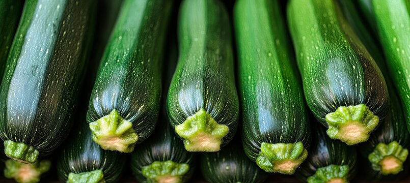 Fresh Green Zucchinis Piled Together In A Full Frame Culinary Food Photography Close Up Macro Shot