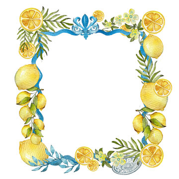 watercolor illustration summer border frame lemon orange amalfi positano