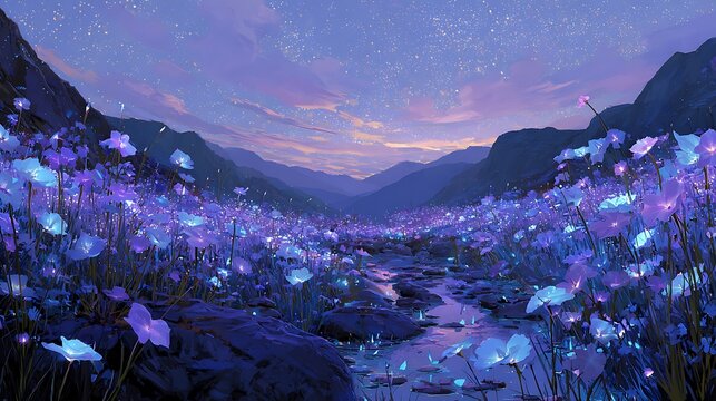 Ethereal mountain valley meadow illuminated by glowing blue flowers under a twilight starry sky with serene creek flowing through the landscape