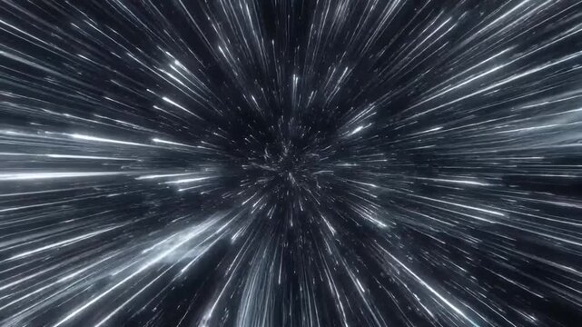 Bright streaks of cosmic light shown in dynamic style on a dark space background, concept of high‑speed travel through the universe