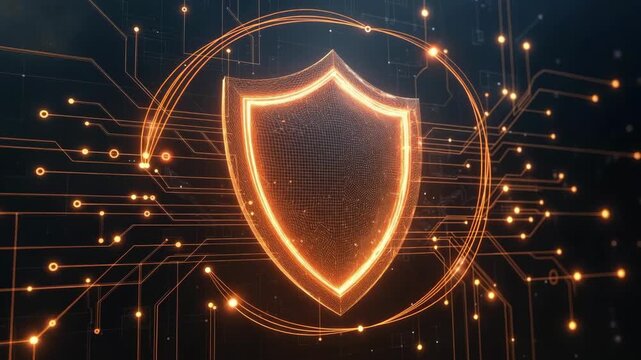 Glowing shield with bright circuit lines in digital style on dark background, concept of cybersecurity and data protection
