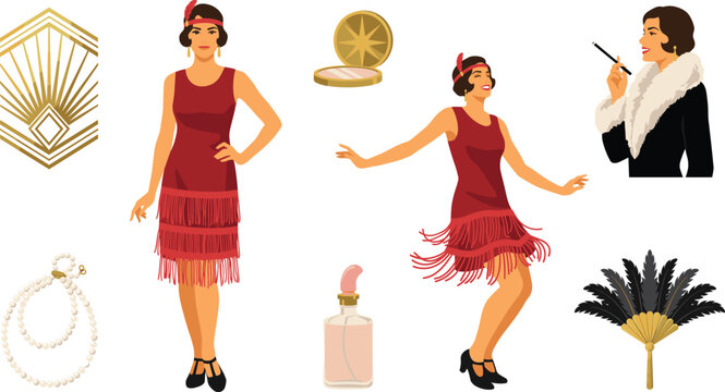 1920s Great Gatsby Roaring Twenties Flapper Girl Vector Illustration Set Featuring Art Deco Design elements Pearls Feather Fan and Perfume Icons