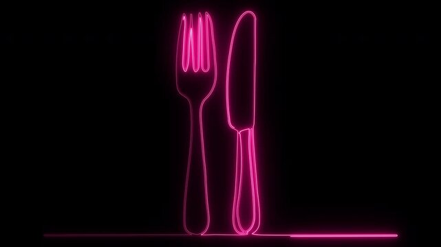 Neon pink fork and knife arrangement on a black background with subtle camera orbit