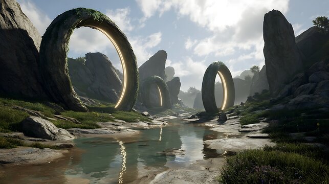 Ethereal valley landscape featuring ancient stone rings with glowing portals set amidst a serene rocky stream under a bright sunlit cloudy sky