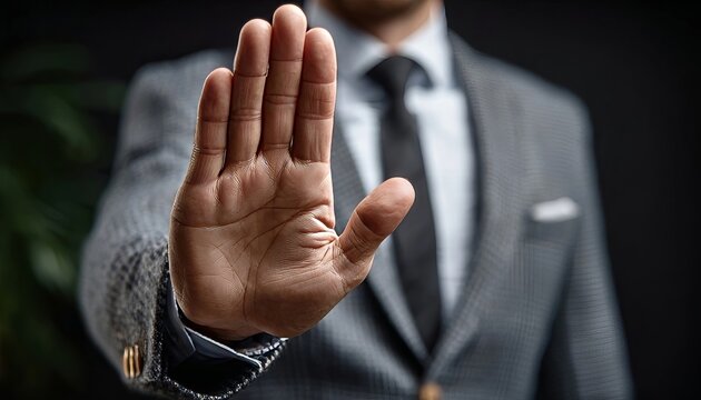 Assertive Business Professional Expressing Denial with Stop Hand Gesture in Modern Office Setting