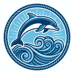 Fototapeta premium Blue dolphin leaping over stylized ocean waves in a circular nautical rope border vector illustration, featuring a sunburst background and flat graphic design aesthetic.