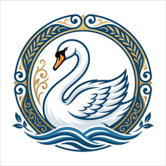 Naklejka premium Elegant vector illustration of a white swan with a curved neck swimming on stylized blue waves, enclosed in a circular blue and gold ornate frame with decorative wheat and scroll patterns.