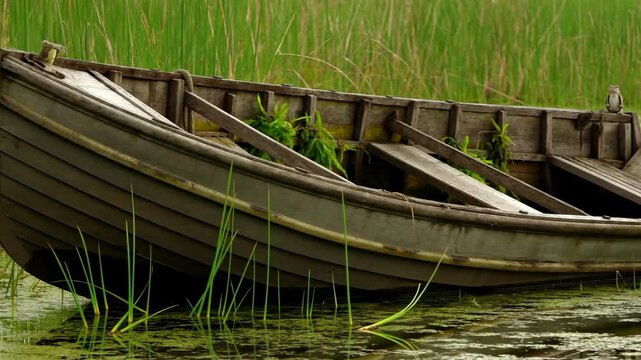 Weathered wooden boat resting in a marsh with a small frog among tall reeds