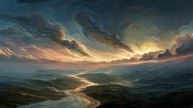 Dreamy fantasy landscape with luminous clouds and winding river at sunset with depicts dreamy atmospheric mountains artistic abstract swirling