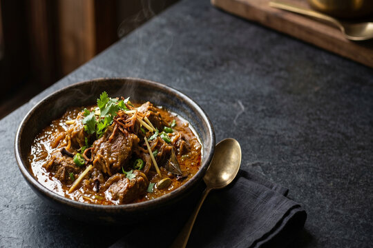 Spicy slow cooked mutton curry garnished with fresh coriander and ginger julienned in a ceramic bowl