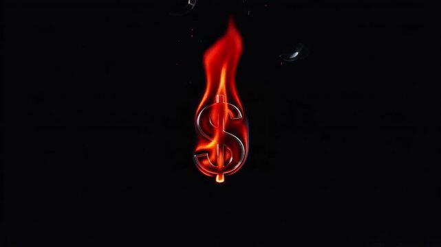 Dollar sign symbol burning with intense hot flames and rising wisps of dark smoke in this dramatic animation clip showing financial market volatility as a conceptual digital motion graphic element aga