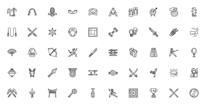 Martial arts icon set. Minimal thin line web icons. Vector illustration. Featuring grappling hook, nunchaku, sword, katana, bow, shield, tonfa, black belt and more.