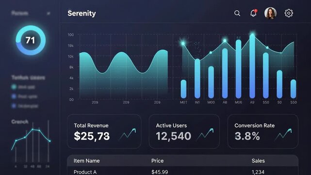 Analytics dashboard interface with glowing charts in minimal style on dark background, concept of data analysis