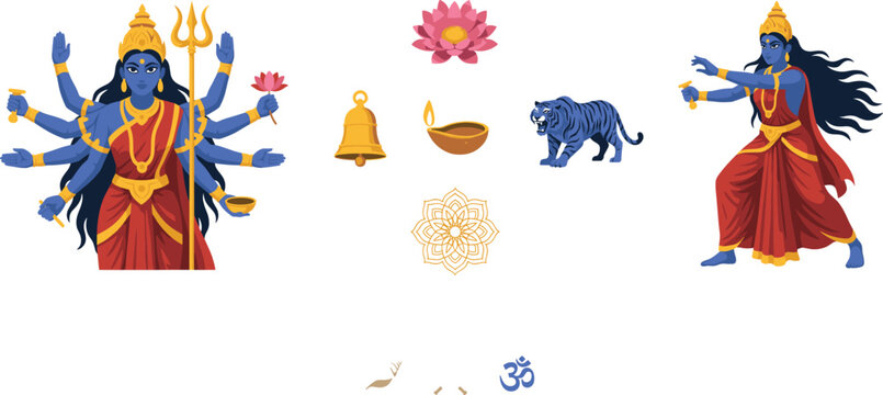 Goddess Kali and Durga Puja Vector Illustration Set Featuring Multi-Armed Hindu Deity, Tiger Vahana, Lotus, Diya, Mandala, and Om Symbols
