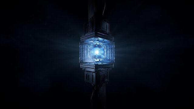 A glowing blue crystalline cube with intricate mechanical structures on either side, set against a dark, atmospheric background.