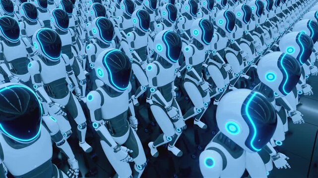Endless 3d animation loop of a futuristic humanoid robot army walking together. Concept of mass automation, artificial intelligence taking over and technology workforce in a sci-fi cyber world.