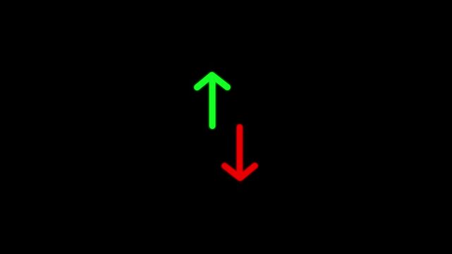 Glowing Neon Upload and Download Arrows Animation on Black Background, Digital Data Transfer, File Synchronization and Information Exchange Technology Concept