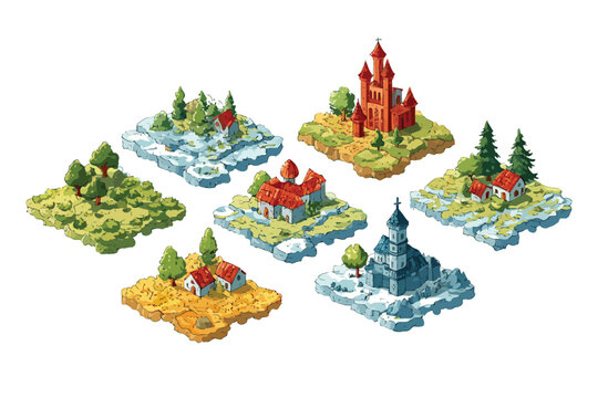 Isometric Strategy Game Tiles with Castles and Villag isolated