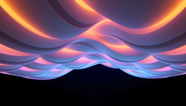 The image features a dynamic and colorful abstract scene with flowing, wave like shapes that seem to undulate across the frame