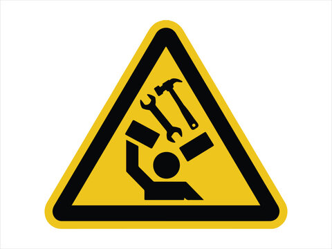 Yellow falling objects warning sign flat vector isolated illustration design. Yellow triangular caution sign warns of falling tools on a construction site flat vector isolated illustration design
