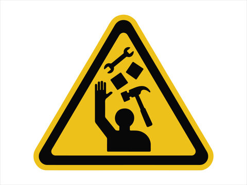 Yellow falling objects warning sign flat vector isolated illustration design. Yellow triangular caution sign warns of falling tools on a construction site flat vector isolated illustration design
