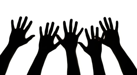 Fototapeta premium Black silhouette of many human hands raised up in the air together isolated on white background