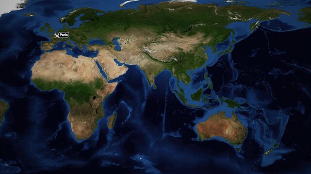 Animated World Map Showing Airplane Flight Path Between Paris and Sydney