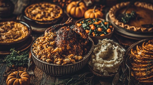 A lavish feast featuring roasted turkey, pies, and sides on a rustic table serves as a warm background for culinary celebration.