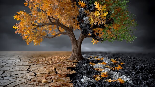 A split tree shows drought and fire damage against a dark background, symbolizing environmental crisis and climate change effects.