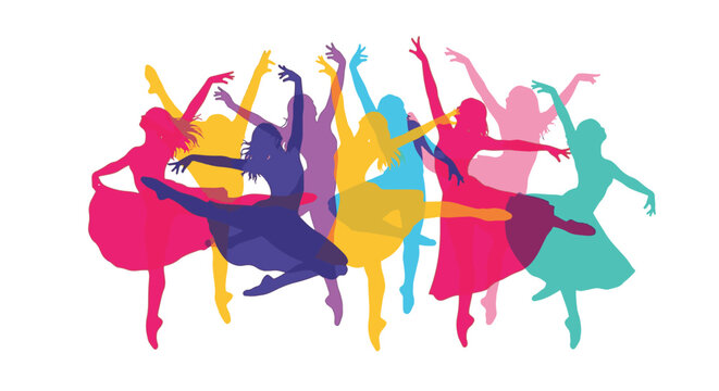 Colorful overlapping silhouettes of female ballet and contemporary dancers in various poses and jumps, multi-colored transparent figures isolated on a white background.