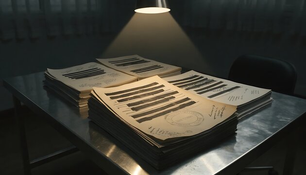 A dim interrogation room table made of brushed steel with a stack of classified intelligence dossiers marked with heavy black redactions, slightly curled page edges under humid air