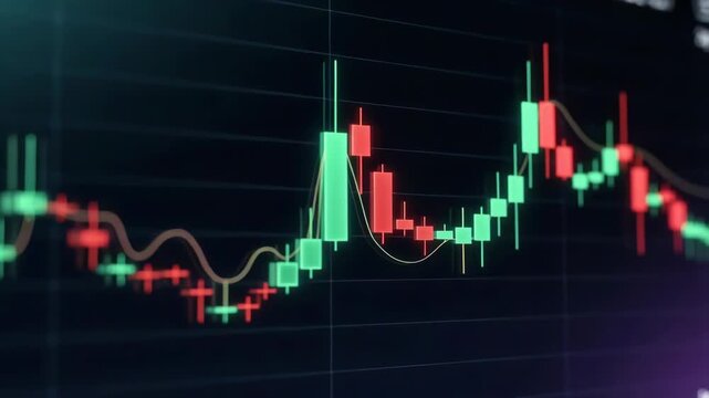 Colorful candlestick chart in digital style over a dark background, illustrating the concept of financial analysis