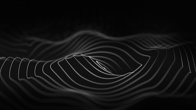 Abstract monochrome contour wave on black background, white flowing lines form futuristic digital topography with depth of field. Minimal technology, data, soundwave and science concept.