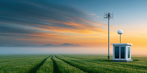 Obraz premium Precision agritech field station with sensor hut and communication mast at sunrise in misty wheat